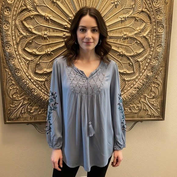 Style & Co. Tops - Style & Co. Embroidered Boho Blouse M – Blue Rayon Long Sleeve Peasant Top India